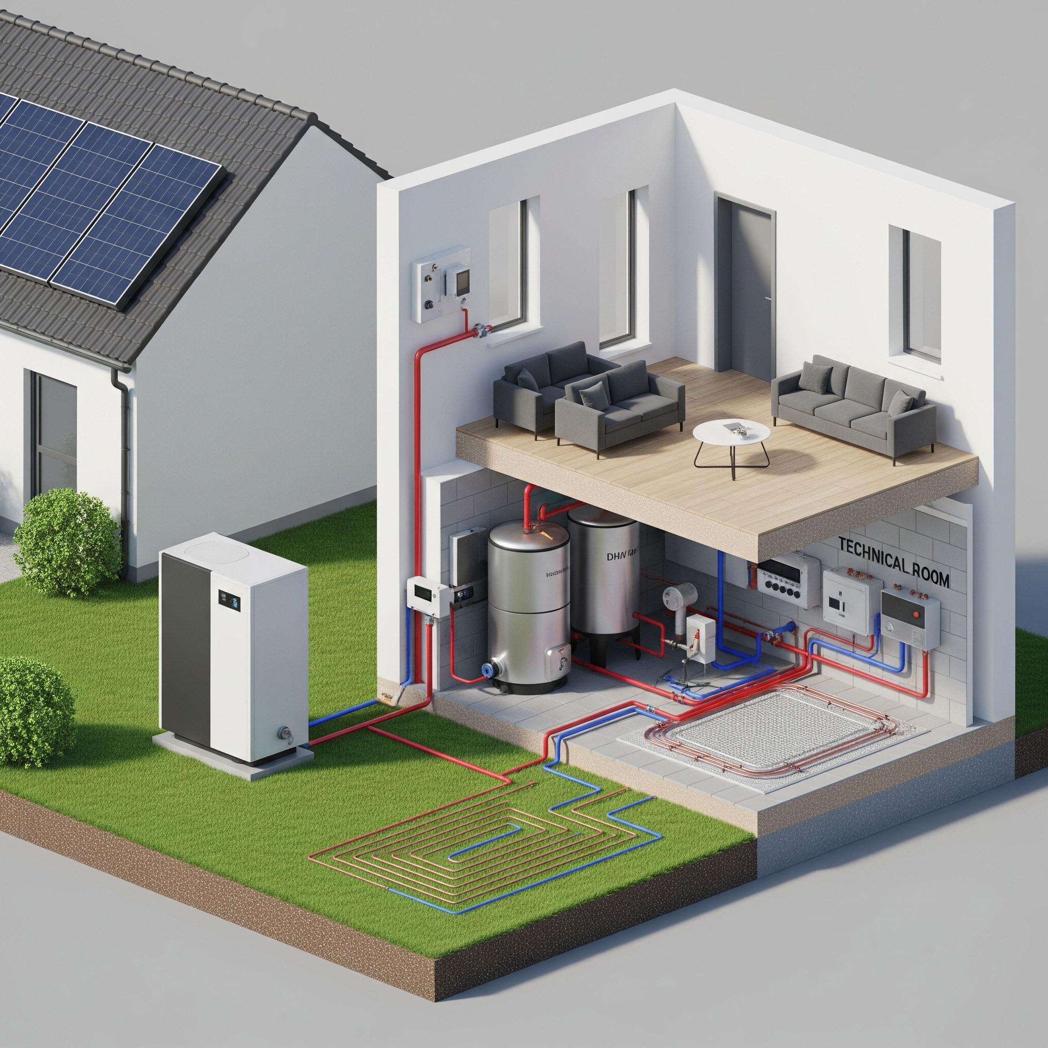 Schemat instalacji grzewczej w domu pasywnym z pompą ciepła i ogrzewaniem podłogowym, widoczne niskie temperatury zasilania.